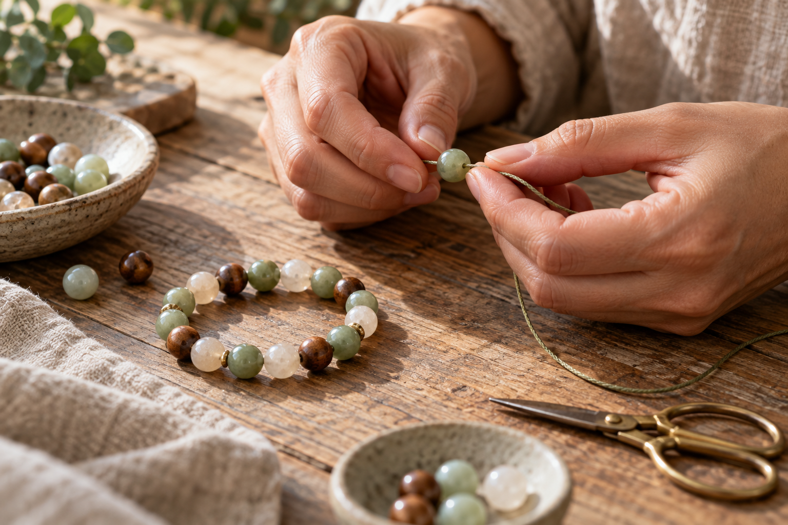Hands threading a green bead beside a partly assembled bracelet and finishing tools