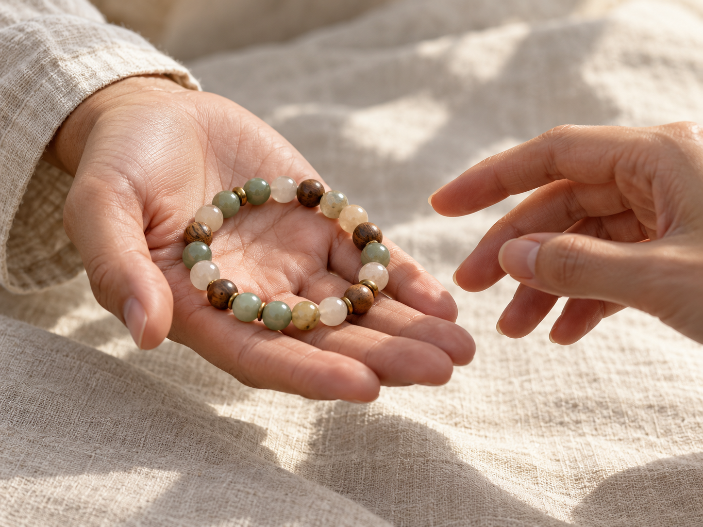 An open hand offering a mixed bead bracelet to another person