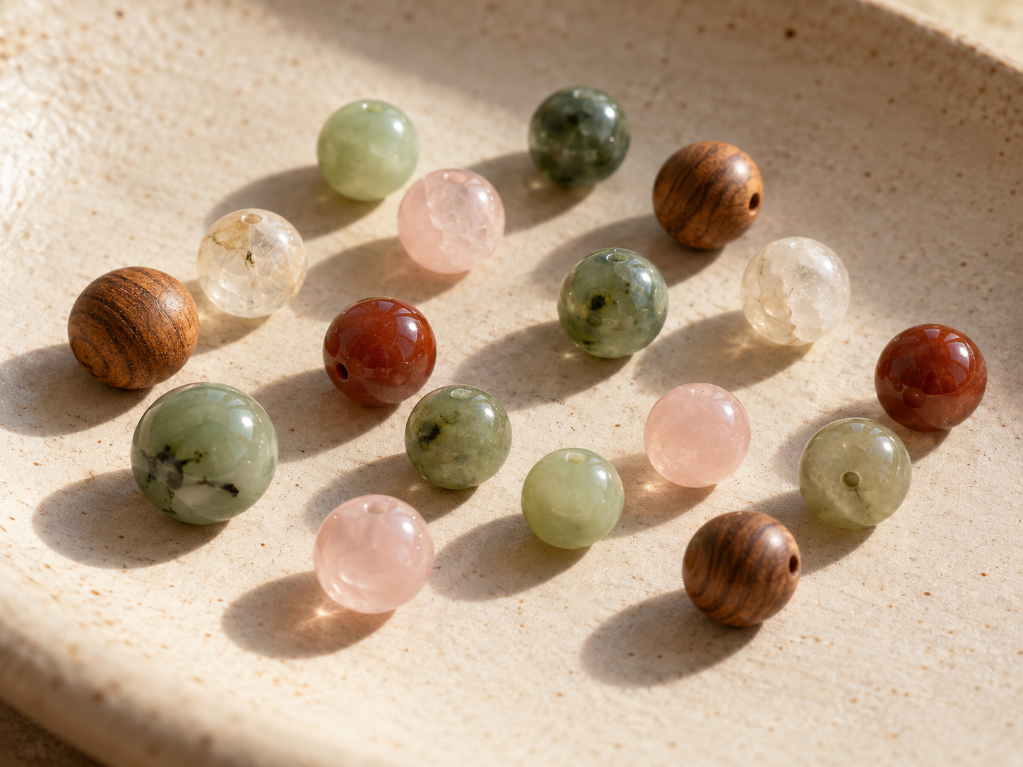 Loose green, blush, cream, brown and red beads on a warm ceramic surface