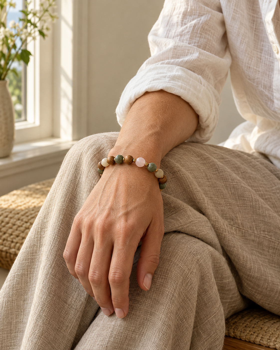 A bead bracelet worn with an ivory linen shirt and relaxed beige trousers