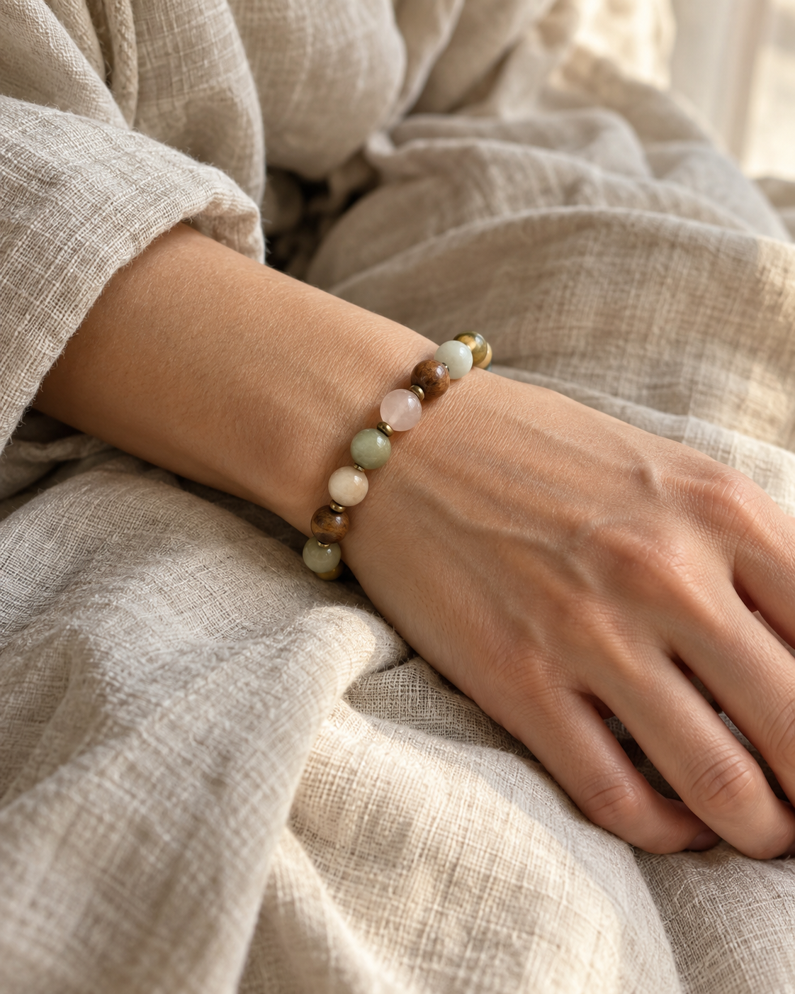 A mixed jade, wood and pale quartz bead bracelet worn against natural linen in soft daylight