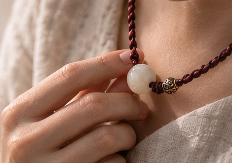 A hand resting beside a stone bead and woven cord